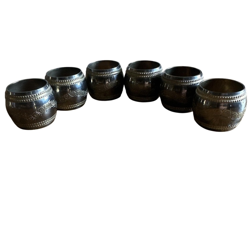 Gold‎ And Silver Elegant Engraved Floral India 6 Napkin Rings Brass Set Of 6 VTG